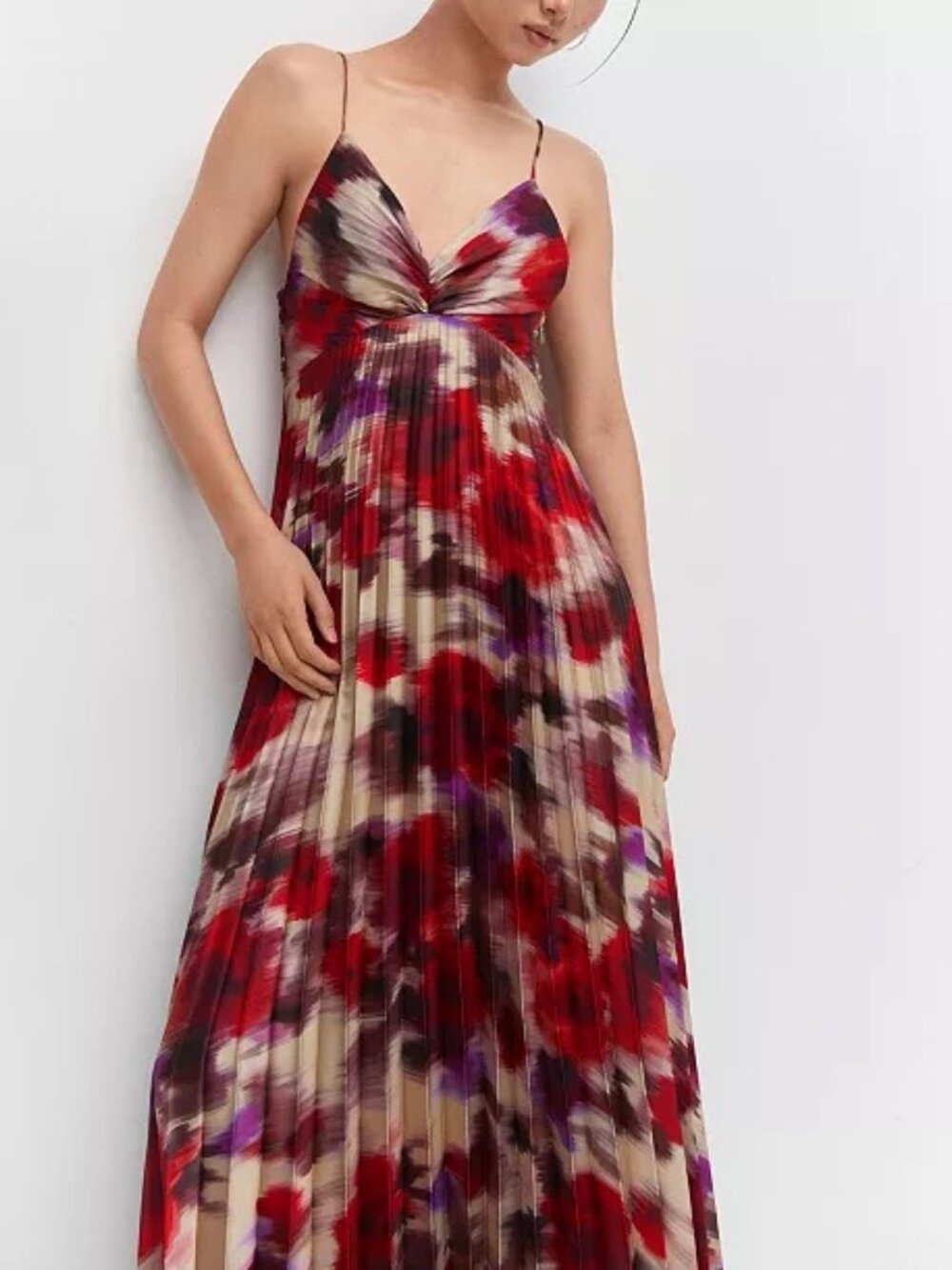 MANGO Pleated Purple Print Satin Maxi Dress